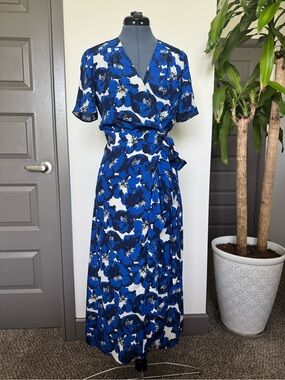 NWT 100% Silk -The Kooples Blue and White Floral Wrap Maxi Dress